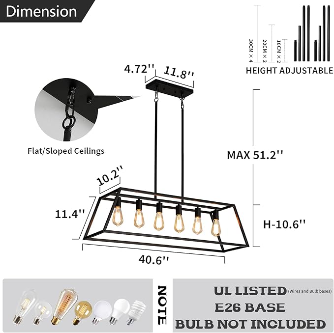 Black Kitchen Island Lighting, 6-Light Farmhouse Chandeliers, Modern Industrial Linear Rectangle Pendant Light Fixtures for Dining Room Kitchen Bar Foyer(Metal, E26 Base)