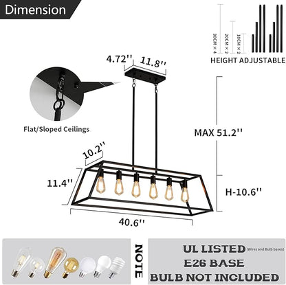 Black Kitchen Island Lighting, 6-Light Farmhouse Chandeliers, Modern Industrial Linear Rectangle Pendant Light Fixtures for Dining Room Kitchen Bar Foyer(Metal, E26 Base)
