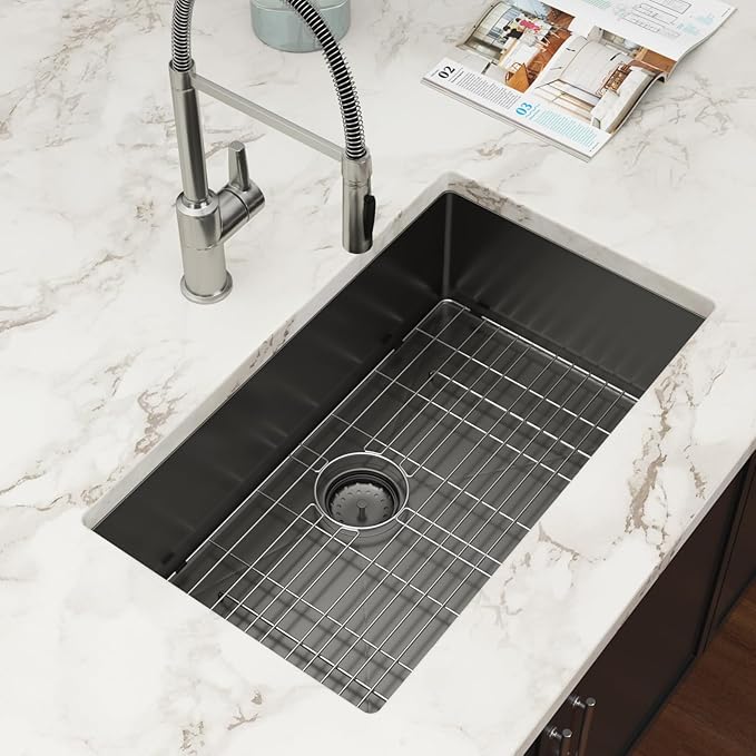 Black Undermount Kitchen Sink 30 Inch - Couoko Gunmetal Black Single Bowl Undermount Sinks 16 Gauge T304 Stainless Steel Large Deep NANO PVD Handmade Round Corner Kitchen Sinks 30"x18"x9"