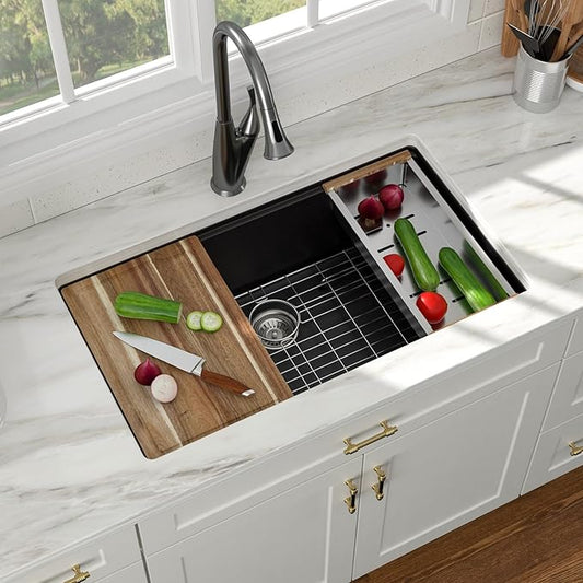 30 Inch Black Undermount Kitchen Sink Workstation - Couoko 30"x19" Speckled Black Granite Composite Kitchen Sink Quartz Classic Under Counter Single Bowl Kitchen Sinks Basin Luxury Accessories