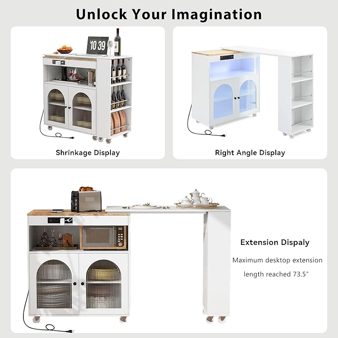 Rolling Kitchen Island with Extended Table and Power Outlets 2 Fluted Glass Doors Storage Compartment 3 Side Open Shelves Practical(White)