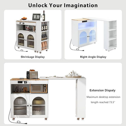 Rolling Kitchen Island with Extended Table and Power Outlets 2 Fluted Glass Doors Storage Compartment 3 Side Open Shelves Practical(White)