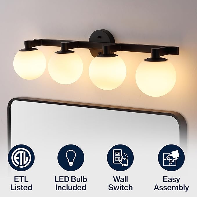 JONATHAN Y 34" Black/White Modern Globe LED Vanity Wall Sconce Light, White Frosted Glass Shade, Mid-Century Art Deco Wall Lamp for Bathroom, Kitchen, Hallway (JYL3543B)
