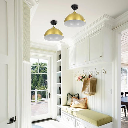 Gold Pendant Light, 12" Farmhouse Ceiling Light with Gold and White, Elegant Semi-Circular Shade Design, Adjustable Height Industrial Dome Pendant Lights for Kitchen Island, Dining Room
