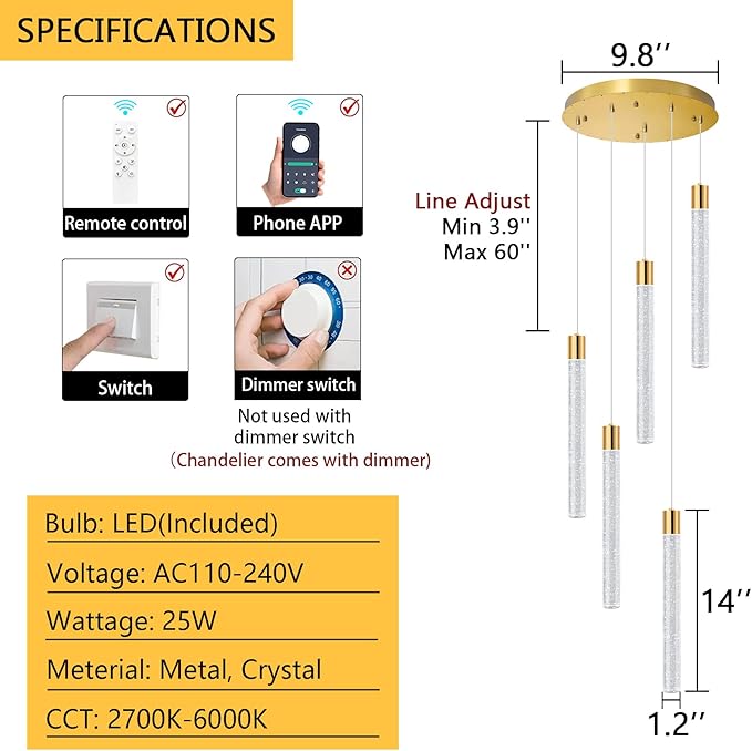 Modern Crystal Chandelier for Kitchen Island 5-Lights LED Pendant Lights Lighting for Dining Room Dimmable Ceiling Hanging 3000K-6000K
