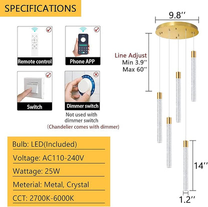 Modern Crystal Chandelier for Kitchen Island 5-Lights LED Pendant Lights Lighting for Dining Room Dimmable Ceiling Hanging 3000K-6000K