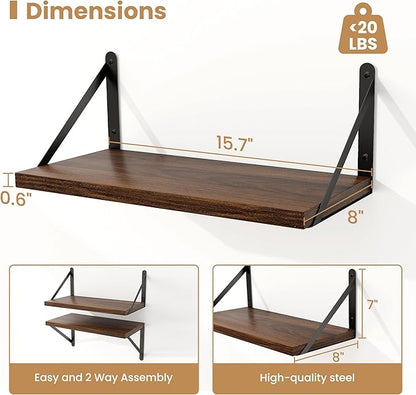 Heimlove Floating Shelves for Wall Set of 3,Light Wood Wall Mounted Bookshelf Decorative Shelf for Living Room Bathroom Bedroom Kitchen Laundry Pictures Plants Books Cats TV,Walnut Color