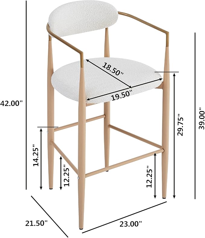 Bar stools Set of 2, Upholstered Bar Stools with Back for Kitchen Island, Beige Fabric Seating Natural Wood Iron Legs 260LBS Weight Capacity