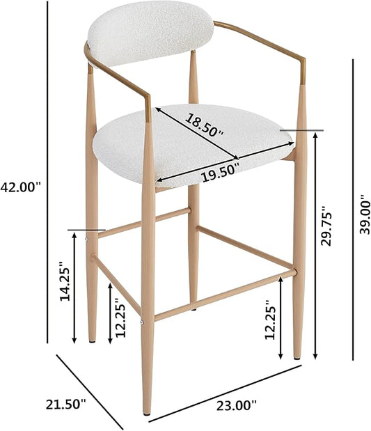 Bar stools Set of 2, Upholstered Bar Stools with Back for Kitchen Island, Beige Fabric Seating Natural Wood Iron Legs 260LBS Weight Capacity