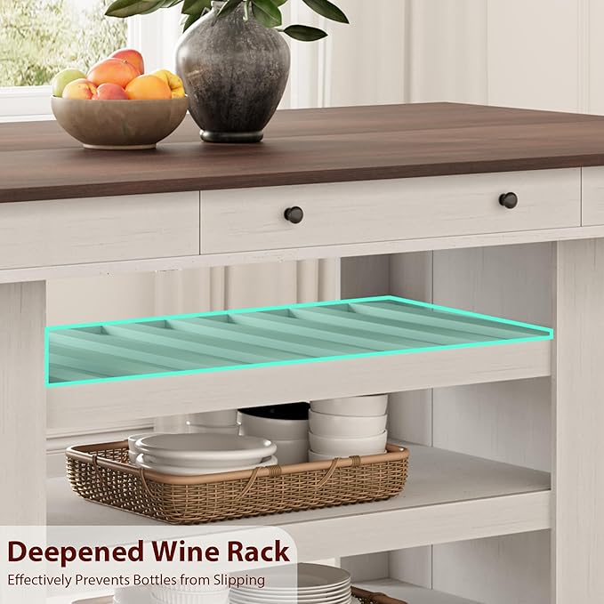 IDEALHOUSE 60" Wood Dining Table for 4-6, Counter Height Kitchen Table with Wine Rack and 2 Drawers, Open Shelves and Sturdy Legs, 4-Tier Stationary Kitchen Island for Dining Room and Kitchen