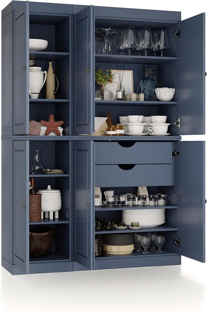 Palace Imports Solid Wood Kitchen Pantry Cabinet - 71.5" Tall Freestanding Cupboard Pantry with 2-Drawer Kit & Adjustable Shelves - Antique Blue, Renewable Eco-Friendly 100% Wood, Made in Brazil