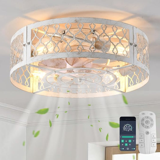Garwarm Caged Ceiling Fan with Light,20" Flush Mount Ceiling Fan with Remote,Bladeless Low Profile Fandelier Small Ceiling Fans with Lights for Bedroom,Dining Room