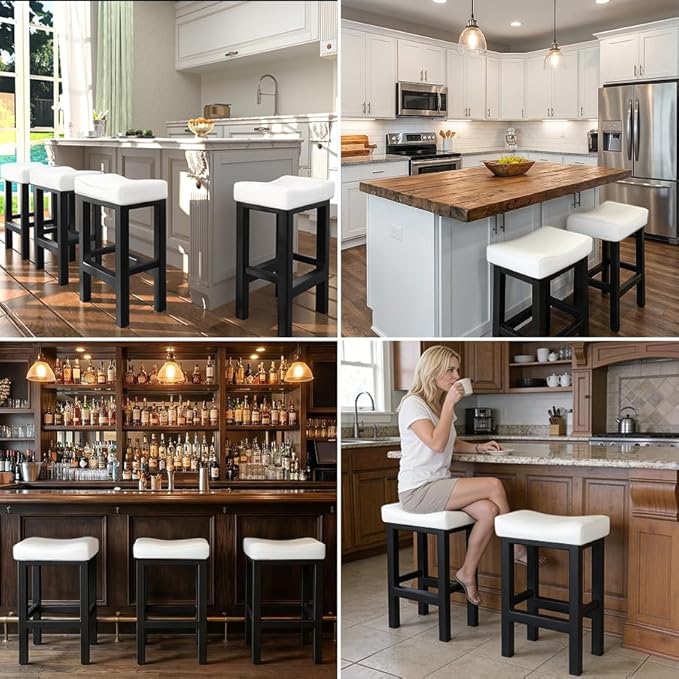 Bar Stools Set of 2, 24 Inch Counter Height Bar Stools for Kitchen Island, Faux Leather Upholstered Thick Saddle Seats & Heavy Duty Metal Base, Easy Assembly, White