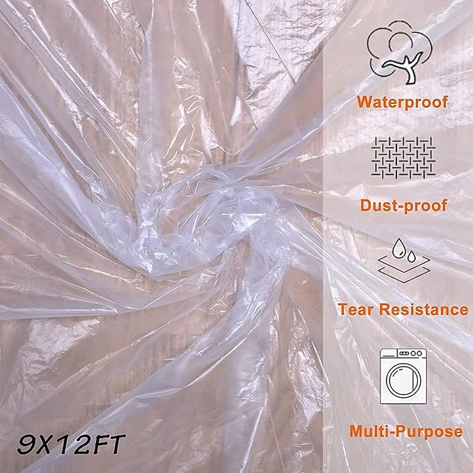 Clear Plastic Sheeting Drop Cloths for Painting, 5 Pcs 9x12ft Plastic Tarp Waterproof Dustproof Almost Tear Resistance Multi-Purpose Furniture Cover Floor Wall Protection Film
