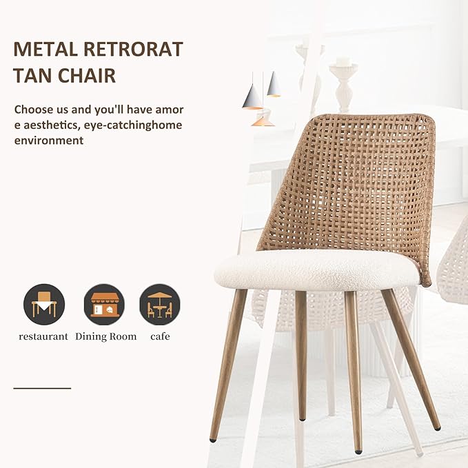 Rattan Dining Chairs, Upholstered Dining Chairs with Armless and PE Cane Backrest, Mid Century Modern Dining Room Chairs with Metal Legs for Kitchen Island,Set of 4