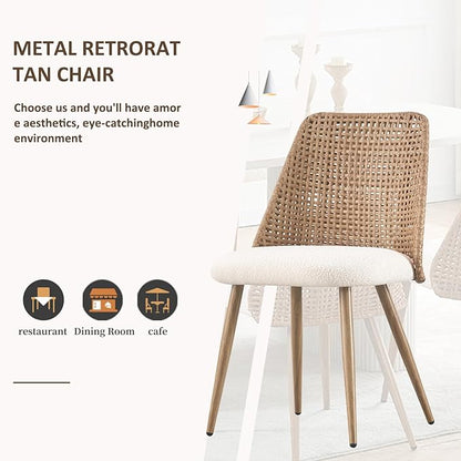 Rattan Dining Chairs, Upholstered Dining Chairs with Armless and PE Cane Backrest, Mid Century Modern Dining Room Chairs with Metal Legs for Kitchen Island,Set of 4