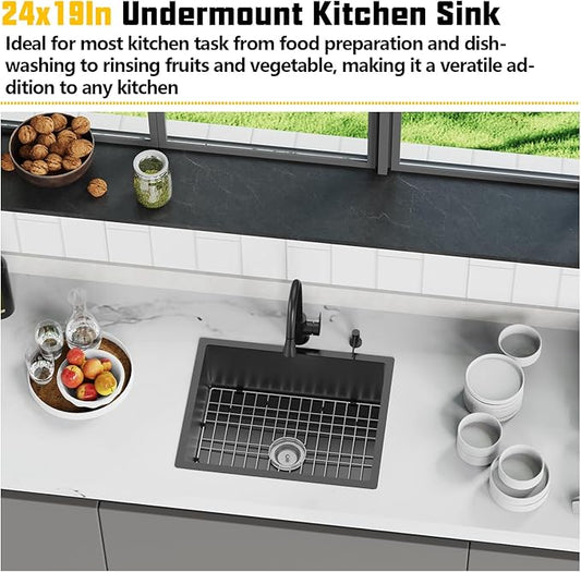 Black 24x19 Inch Undermount Kitchen Sink-Stainless Steel Single Bowl Drop In Kitchen Sink Stylish And Modern Look With Bottom Grid,Silicon Mat And Drain Assembly Add Elegance & Enhance Usability