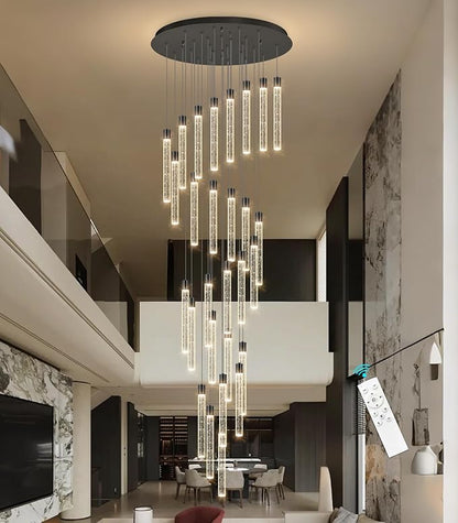 28-Light Long Large Modern Led Crystal Chandeliers Modern Spiral Chandeliers High Ceilings Chandelier for Staircase Foyer Black