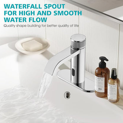 Automatic Sensor Touchless Bathroom Faucet, Manual Waterfall Faucets with Temperature Control Knob, Modern Chrome Sink Faucet Stainless Steel, Hands Free Lavatory Faucets for Single Hole