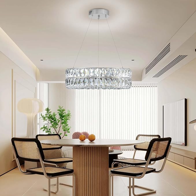 Led Ring Crystal Chandelier for Living Room, Modern Dimmable 15.7" Silver Crystal Chandeliers Lighting Adjustable Hanging Pendant Light for Dining Room