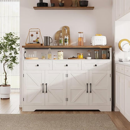 51" Farmhouse Buffet Sideboard Cabinet with Storage, White Kitchen Storage Pantry Cabinet with Drawers, Wood Cupboard Hutch, Coffee Bar Station Table for Kitchen, Living Room, Dining Room