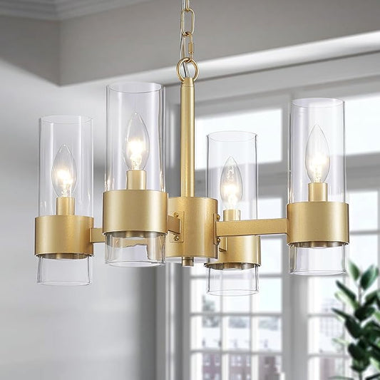 WUZUPS Industrial Chandelier 4-Light with Clear Glass Modern Farmhouse Round Light Fixture for Dining Room Kithen Island Foyer, Width 16.9" Height 12.2", Gold