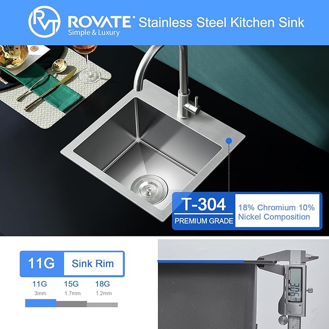 ROVATE 15 x 15 x 8 inch Drop in Bar Sink, Small Top-mount Kitchen Sink Single Bowl, Overmount Handmade 304 Stainless Steel Bar Sinks with Basket Strainer
