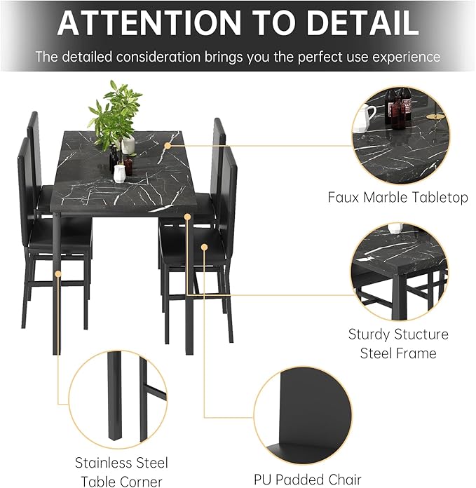 tantohom Dining Table Set for 4, 5-Piece Faux Marble Dining Set,4 Upholstered PU Chairs, Modern Kitchen Table Furniture for Dining Room, Dinette, Compact Space-Saving Faux Marble Tabletop, Black