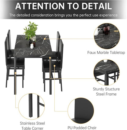tantohom Dining Table Set for 4, 5-Piece Faux Marble Dining Set,4 Upholstered PU Chairs, Modern Kitchen Table Furniture for Dining Room, Dinette, Compact Space-Saving Faux Marble Tabletop, Black