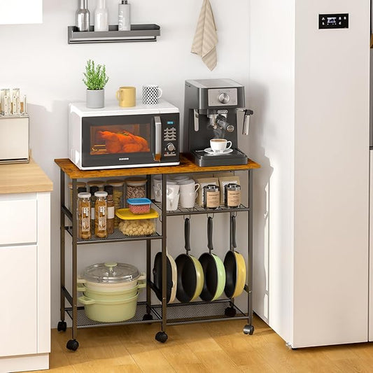 ThreeHio Kitchen Microwave Cart, Microwave Stand with Adjustable Shelf, Coffee Bar Stand Kitchen Baker's Rack with Wheels Rolling Storage Cart Organizer Shelf for Living Room, Office, Balcony
