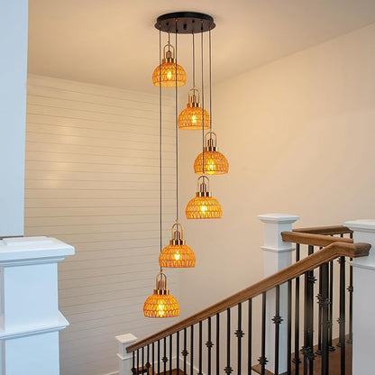 Modern Boho Gold Rattan Pendant Light 6-Lights Vintage Farmhouse Rattan Pendant Light Fixture Hand Woven Golden Bamboo Wicker Pendant Lights for Kitchen Stairwell, Entryway, Living Room