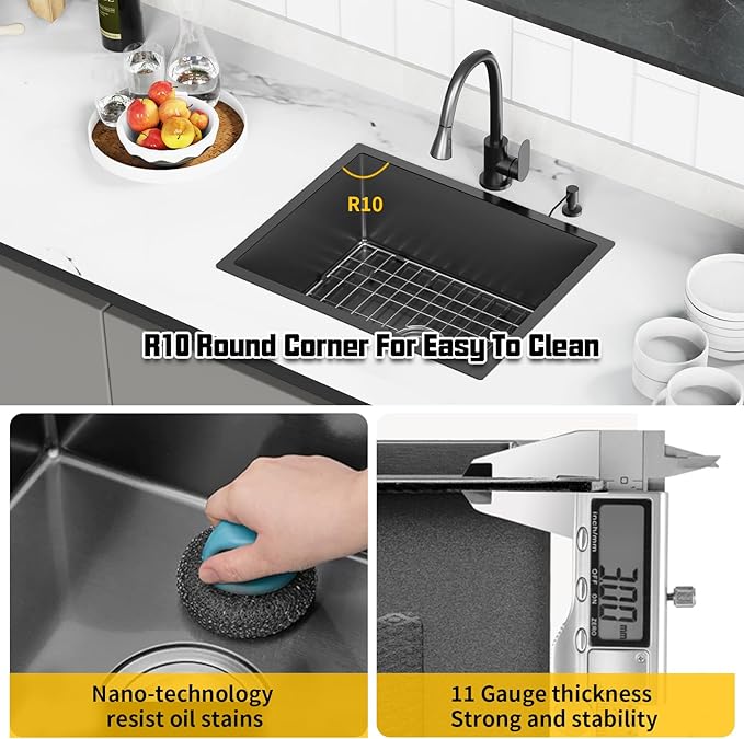 Black 24x19 Inch Undermount Kitchen Sink-Stainless Steel Single Bowl Drop In Kitchen Sink Stylish And Modern Look With Bottom Grid,Silicon Mat And Drain Assembly Add Elegance & Enhance Usability