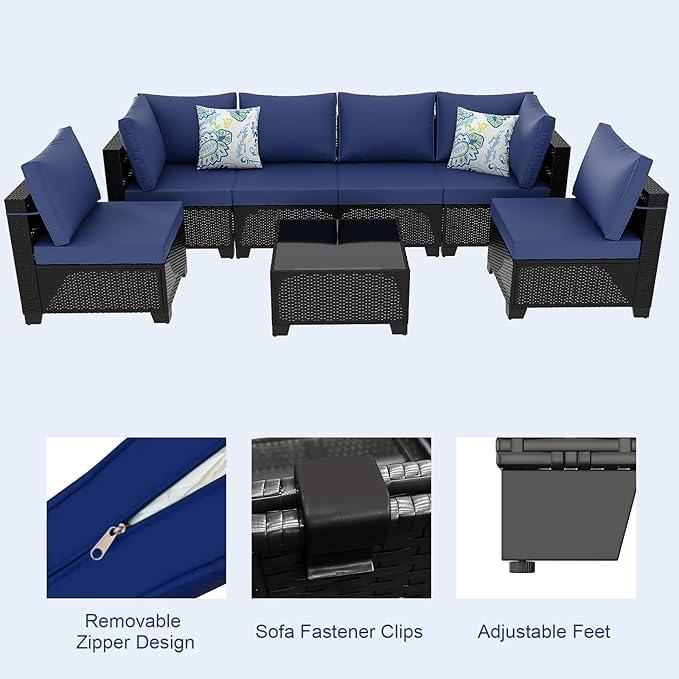 Outdoor Wicker Patio Furniture Set, Rattan Sectional Sofa Set with Thick Cushions (Coffee/Blue, 7 Piece Sofa Set)