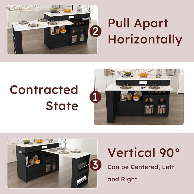 Kitchen Island Set with 2 Solid Wood Chairs, Extendable Rotating Table,with Marble Veneer Retro Design, 4 Drawers Glass Door Cabinets, Expandable Dining Station for 2 4 Person