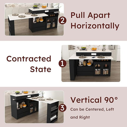 Kitchen Island Set with 2 Solid Wood Chairs, Extendable Rotating Table,with Marble Veneer Retro Design, 4 Drawers Glass Door Cabinets, Expandable Dining Station for 2 4 Person