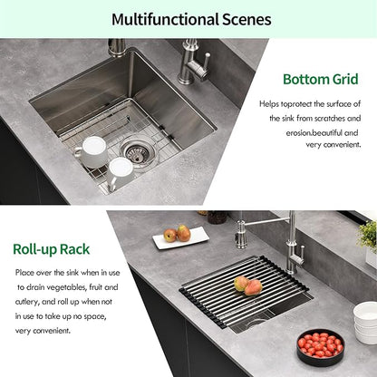 Undermount Kitchen Sink, 18 x 18 x 10 Inch Single Bowl Bar Sink 16 Gauge T-304 Stainless Steel Kitchen Sinks with Accessories