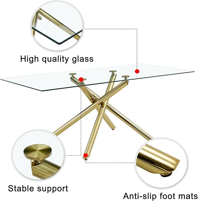 71” Glass Dining Table, Large Dining Table for 6–8 People with 0.4" Thick Tempered Glass Top, Modern Kitchen Table with Gold Metal Leg for Kitchen Dining Room