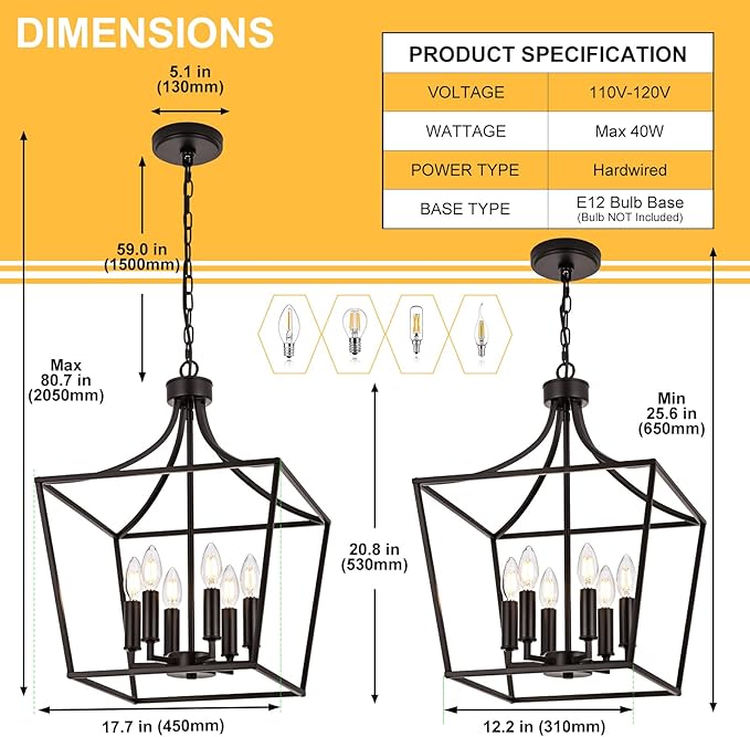 6-Light Farmhouse Chandelier, Adjustable Height Kitchen Island Pendant Lighting Fixture for Over Table Dining Room Living Room Foyer, Oil Rubbed Bronze & E12 Bulb Base
