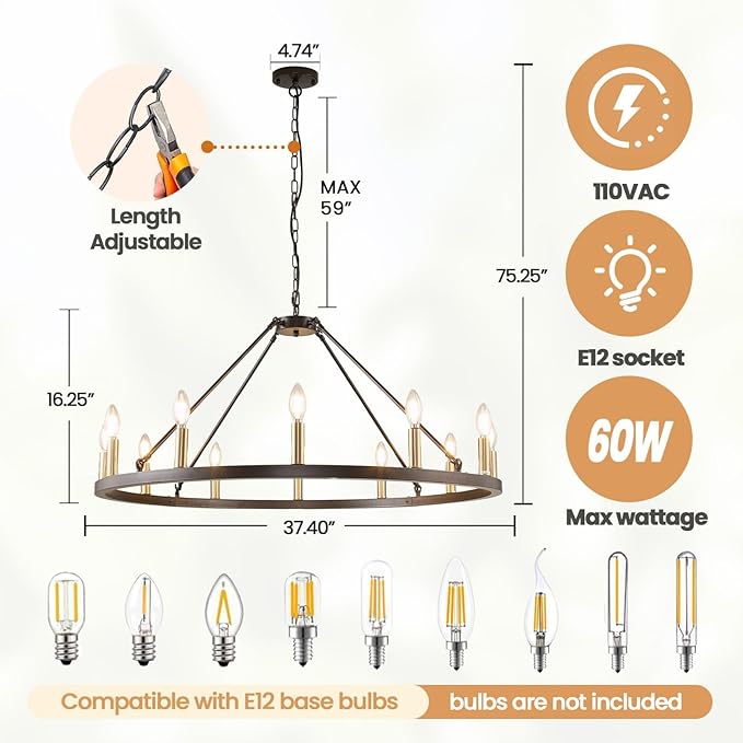 12-Light Black and Gold Chandelier, Farmhouse Entryway Wagon Wheel Chandelier, Round Chandeliers for Dining Room, Rustic Kitchen Island Iight Fixtures, Foyer Chandeliers for High Ceilings