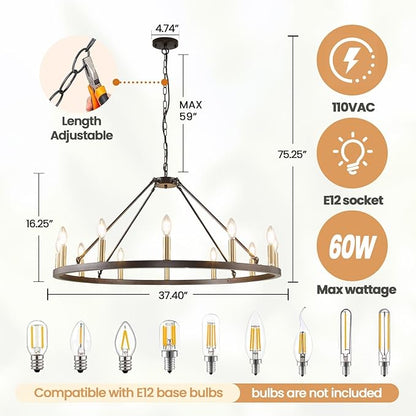 12-Light Black and Gold Chandelier, Farmhouse Entryway Wagon Wheel Chandelier, Round Chandeliers for Dining Room, Rustic Kitchen Island Iight Fixtures, Foyer Chandeliers for High Ceilings