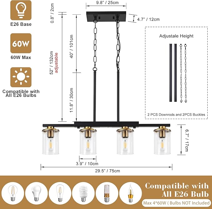 4-Light Kitchen Island Lighting,Dining Room Lights Modern Farmhouse Chandelier with Clear Glass Shade,Modern Rustic Black and Gold Metal Chandelier, Kitchen Pendant Light Fixtures Over Table