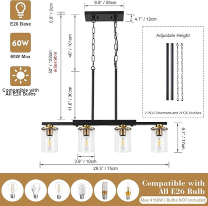 4-Light Kitchen Island Lighting,Dining Room Lights Modern Farmhouse Chandelier with Clear Glass Shade,Modern Rustic Black and Gold Metal Chandelier, Kitchen Pendant Light Fixtures Over Table