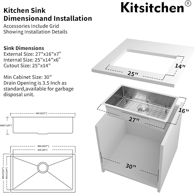 Kitsitchen Black RV Ktichen Sink, 27" x 16" x 7" Black Undermount Kitchen Sink,Stainless Steel Single Bowl Kitchen Sink with Strainer & Bottom Gird Used at RV, Outdoor and Camper