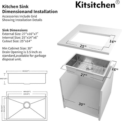 Kitsitchen Black RV Ktichen Sink, 27" x 16" x 7" Black Undermount Kitchen Sink,Stainless Steel Single Bowl Kitchen Sink with Strainer & Bottom Gird Used at RV, Outdoor and Camper