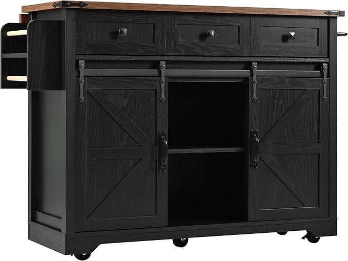 YOPTO Farmhouse Kitchen Island Cart With Power Outlet & 2 Sliding Barn Doors, Rolling Storage Island W/Drop Leaf Spice Rack and 5 Universal Wheels, for Home and Dining Room, Black, 53.7"