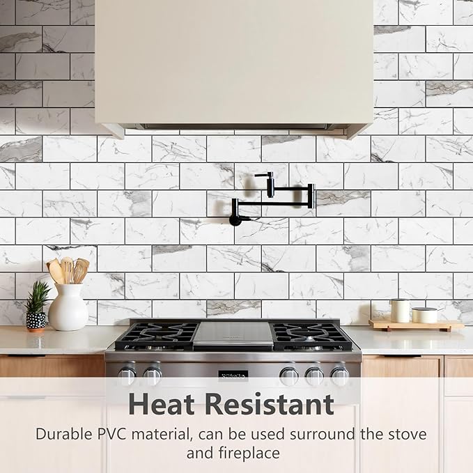 STICKGOO Subway Tile Peel and Stick Backsplash, Glossy White Marble PVC Self Adhesive Tile Backsplash, Stick on Tile for Kitchen and Bathroom(10 Sheets)