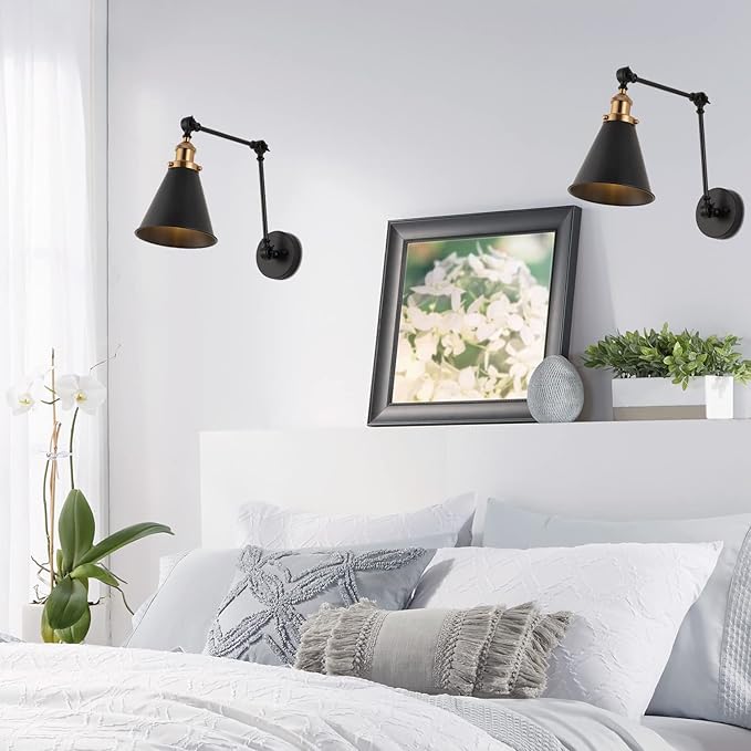 JONATHAN Y 7" Black/Brass Gold Classic Industrial Metal Adjustable Arm LED Wall Sconce for Bedside Reading, Farmhouse Swing Arm Wall Lamp with Metal Shade, Hardwired (JYL7462A-SET2)