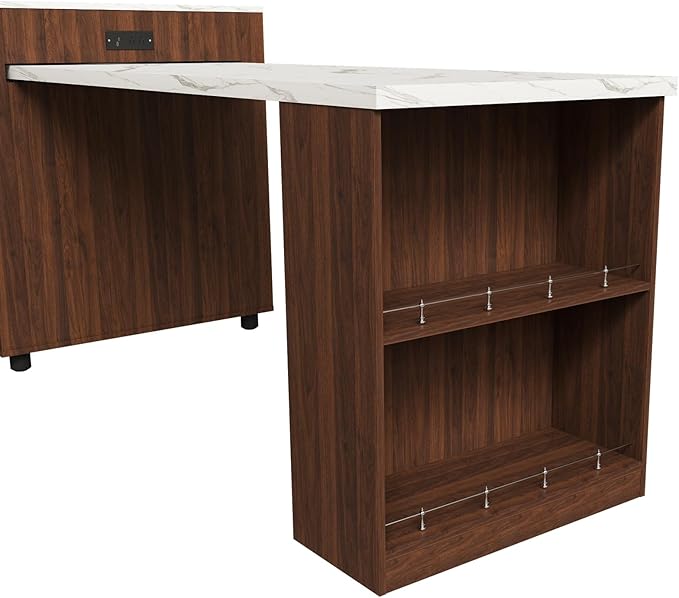GOWE 80-inch Expandable Kitchen Island with Dining Table, Marble-Grain Countertop with Power Outlet, Mobile Storage Cart with Cabinet & 2 Drawers, Walnut Finish Kitchen Prep Table