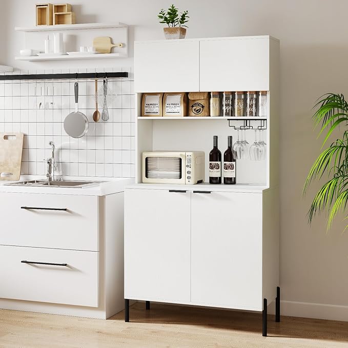 Giantex 64.5" Kitchen Pantry Cabinet with Charging Station, Tall Buffet Hutch with Storage Cabinets, Adjustable Shelf, Wine Racks, Modern Sideboard for Dining Room, Living Room, Coffee Bar, White