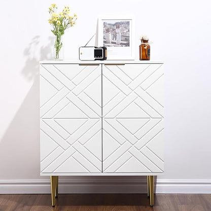 IDEALHOUSE Storage Cabinet, Modern Accent Storage with 2 Decorative Embossed Pattern Doors, Wood Buffet Cabinet with Inner Shelf, White Sideboard Cabinet for Living Room, Entryway, Kitchen, White